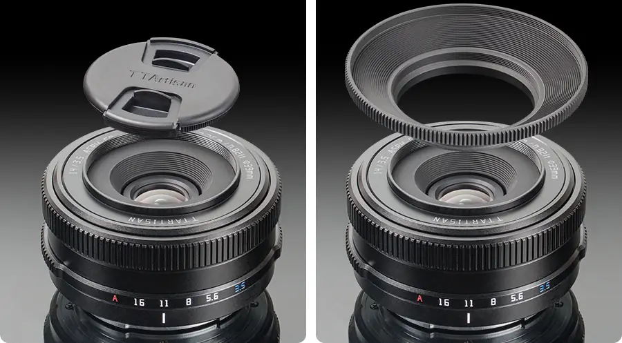 Комплект объектива TTArtisan AF 14 мм F3.5: передняя крышка center-pinch и металлическая бленда