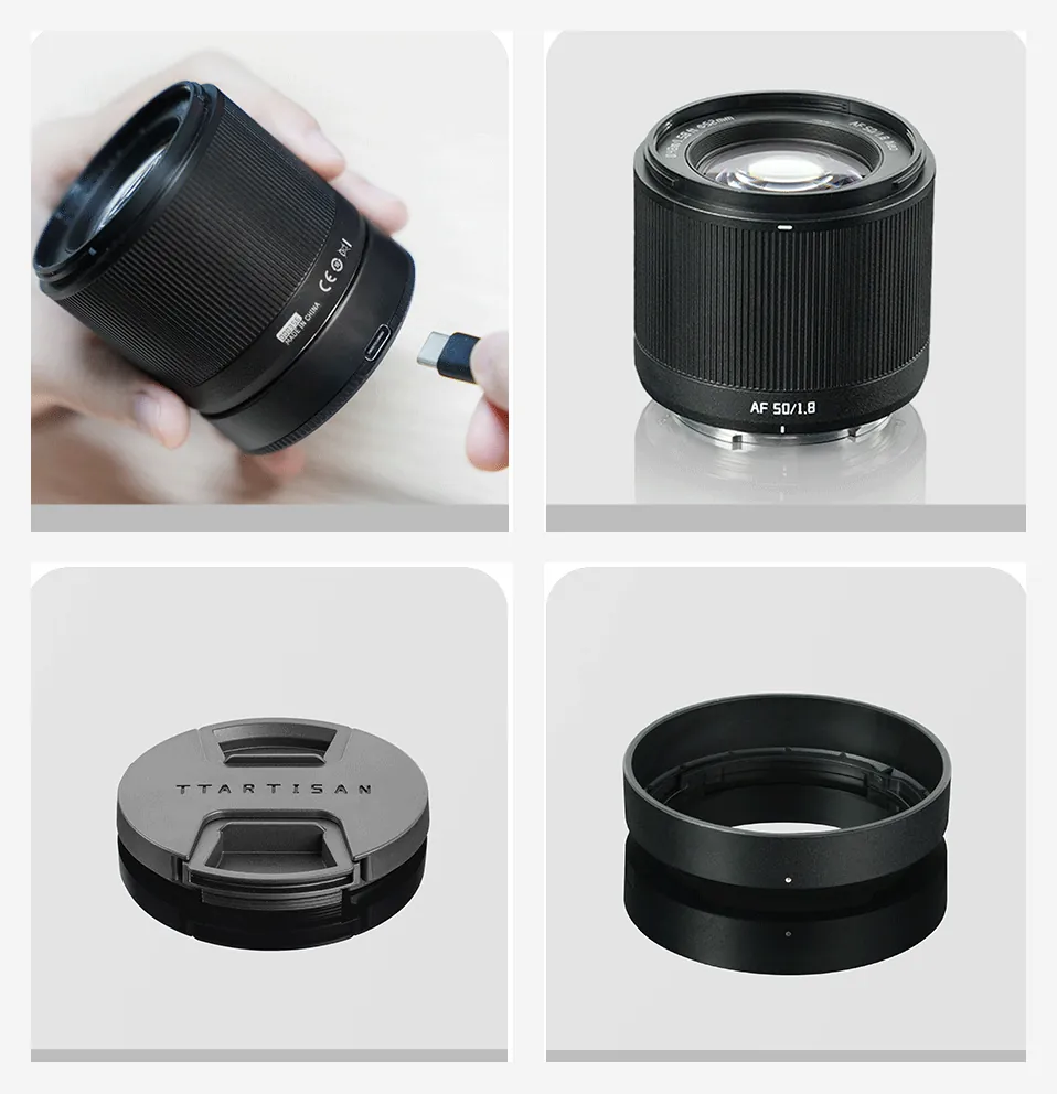Комплектация объектива TTartisan AF 50 мм f1.8 Neo: задняя крышка с USB-C, резьба под фильтр, крышка, бленда