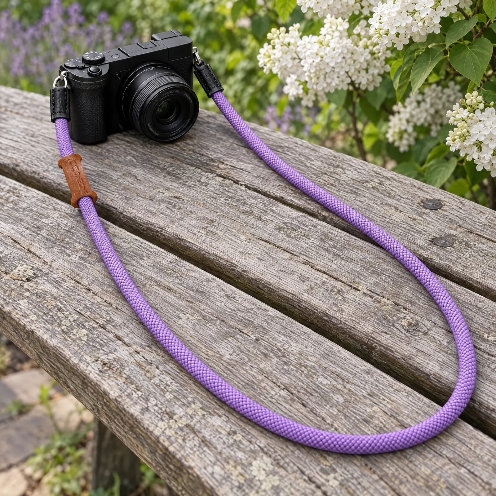 Фиолетовый ONECINE Cord 126 с камерой на скамейке — плетение и крепёжные кольца