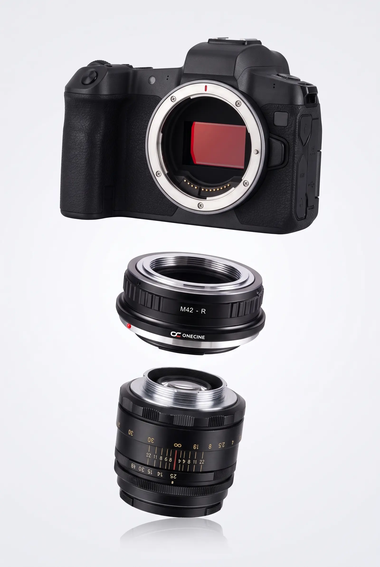 Переходное кольцо OneCine M42-R между камерой Canon EOS R и объективом M42 — схема установки