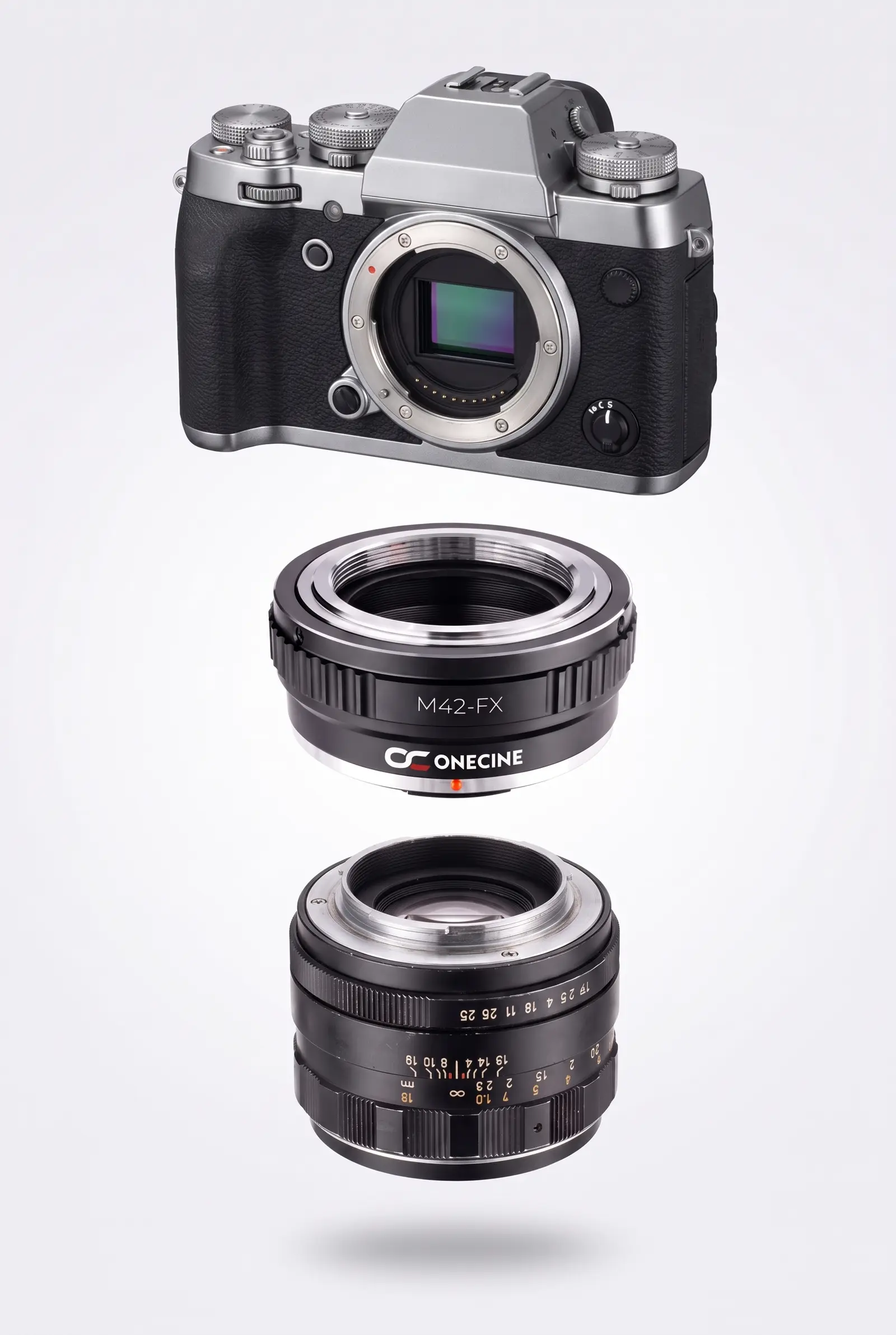 Переходное кольцо OneCine M42-FX между камерой Fujifilm X и объективом M42 — схема установки