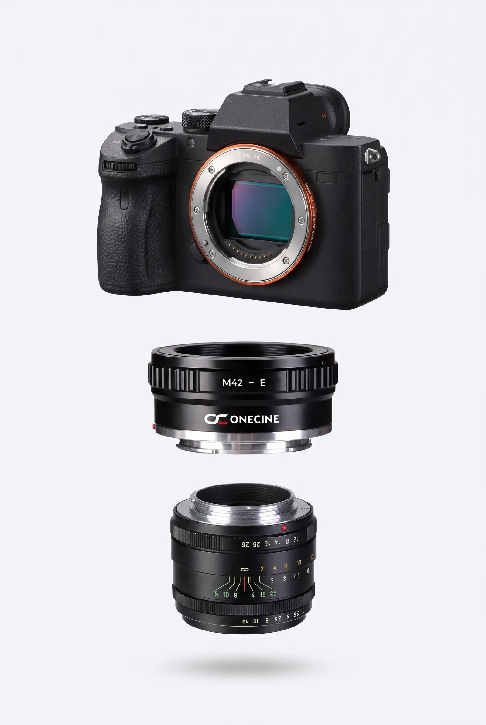 Переходное кольцо OneCine M42-E между камерой Sony E и объективом M42 — схема установки