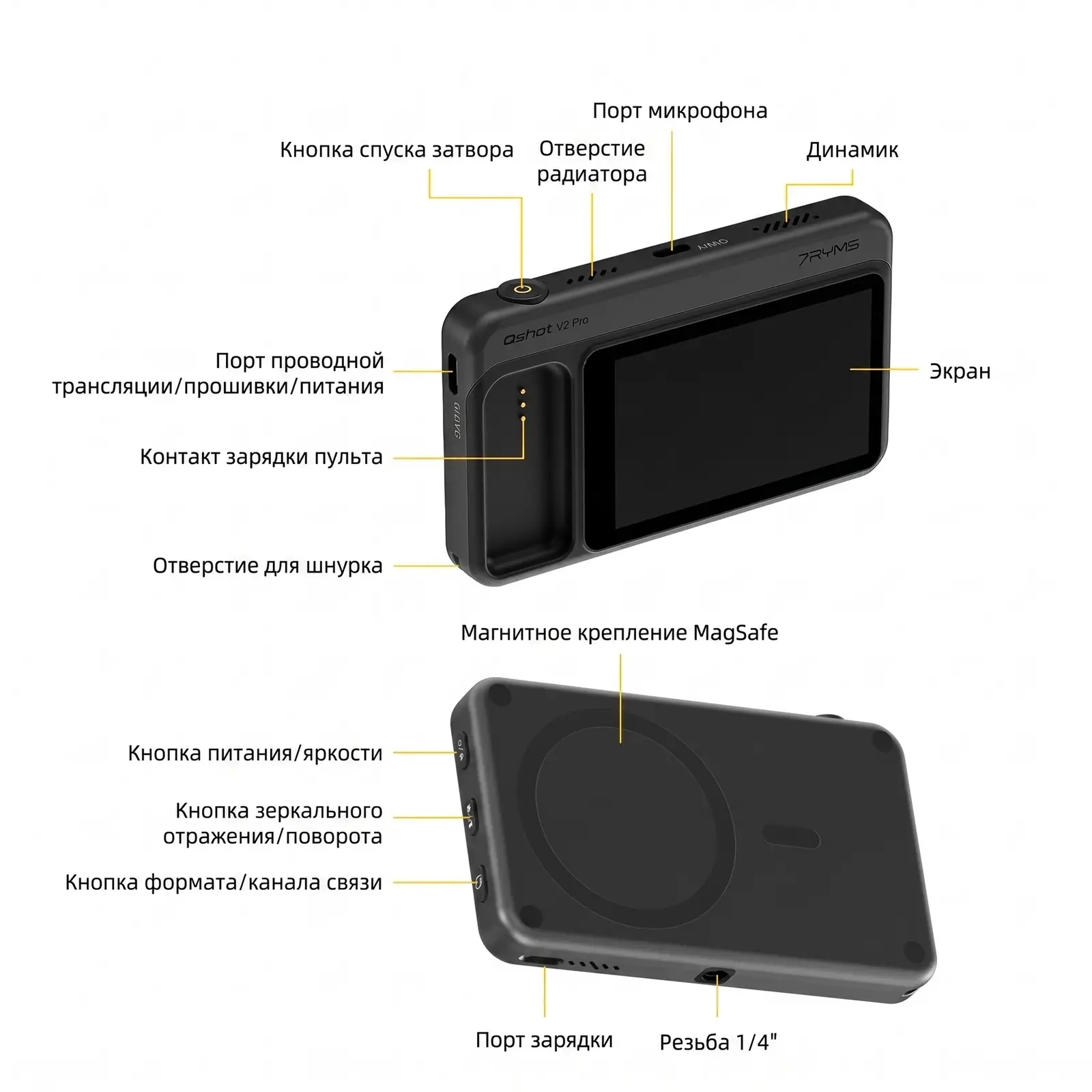 7RYMS Qshot V2 PRO — кнопка спуска затвора, порт микрофона, динамик, экран, крепление MagSafe