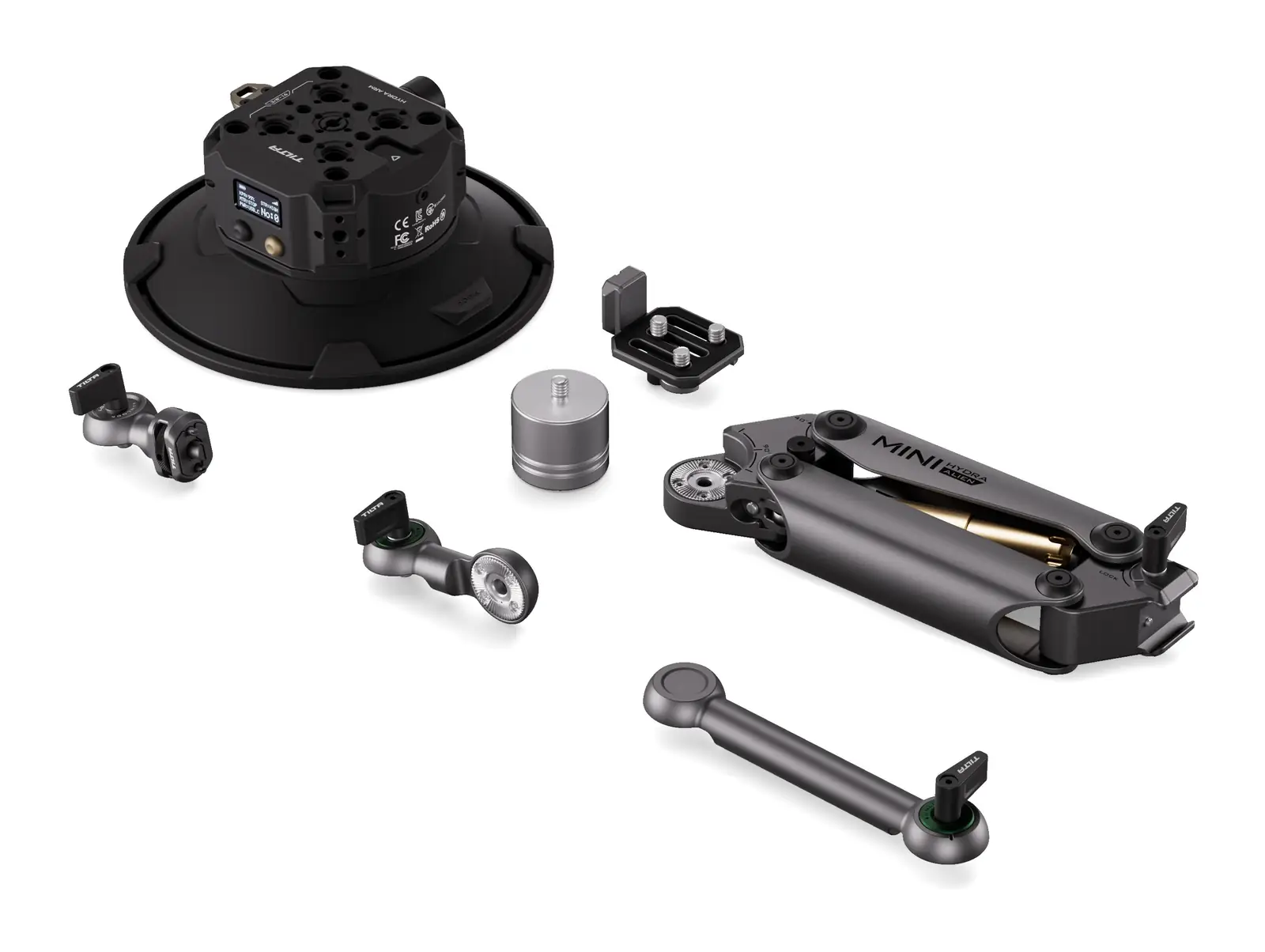 Комплектация Tilta Hydra Alien Mini Electronic Suction Cup 6 Kit: присоска, рычаги, кронштейны, противовес