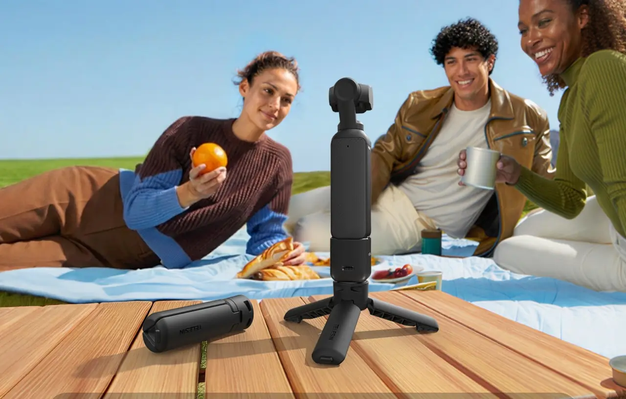Мини-штатив Telesin S3-EAK-06 с камерой DJI Osmo Pocket на столе во время пикника