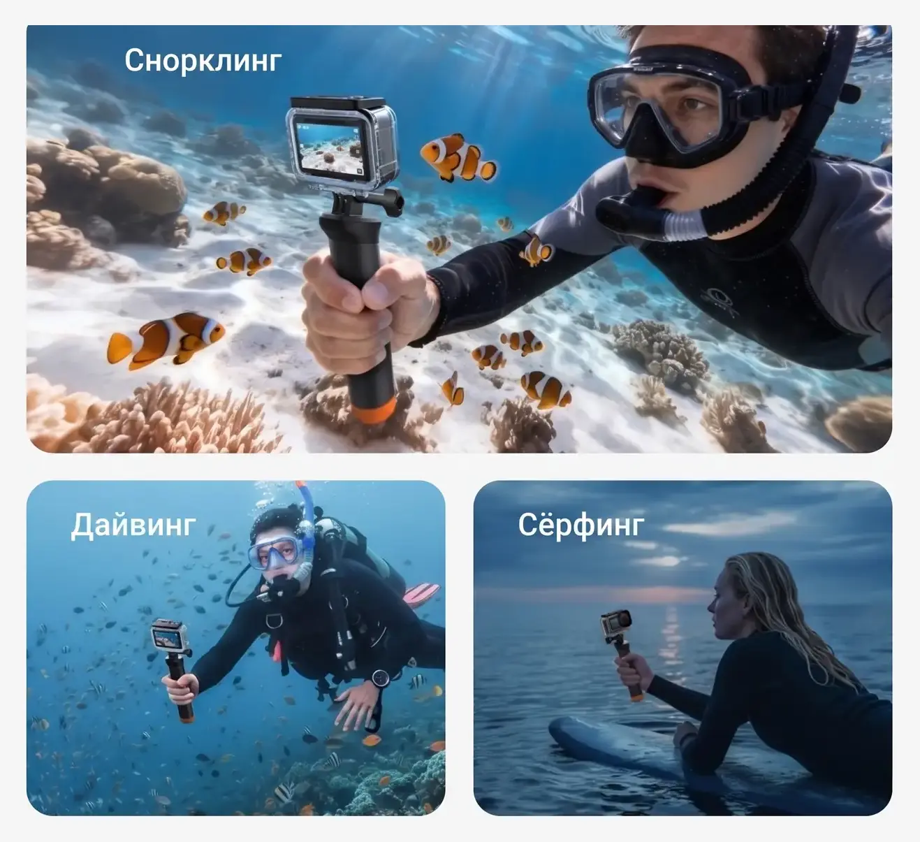 Сценарии съёмки с боксом Telesin S4-WTP-12: снорклинг, дайвинг, сёрфинг