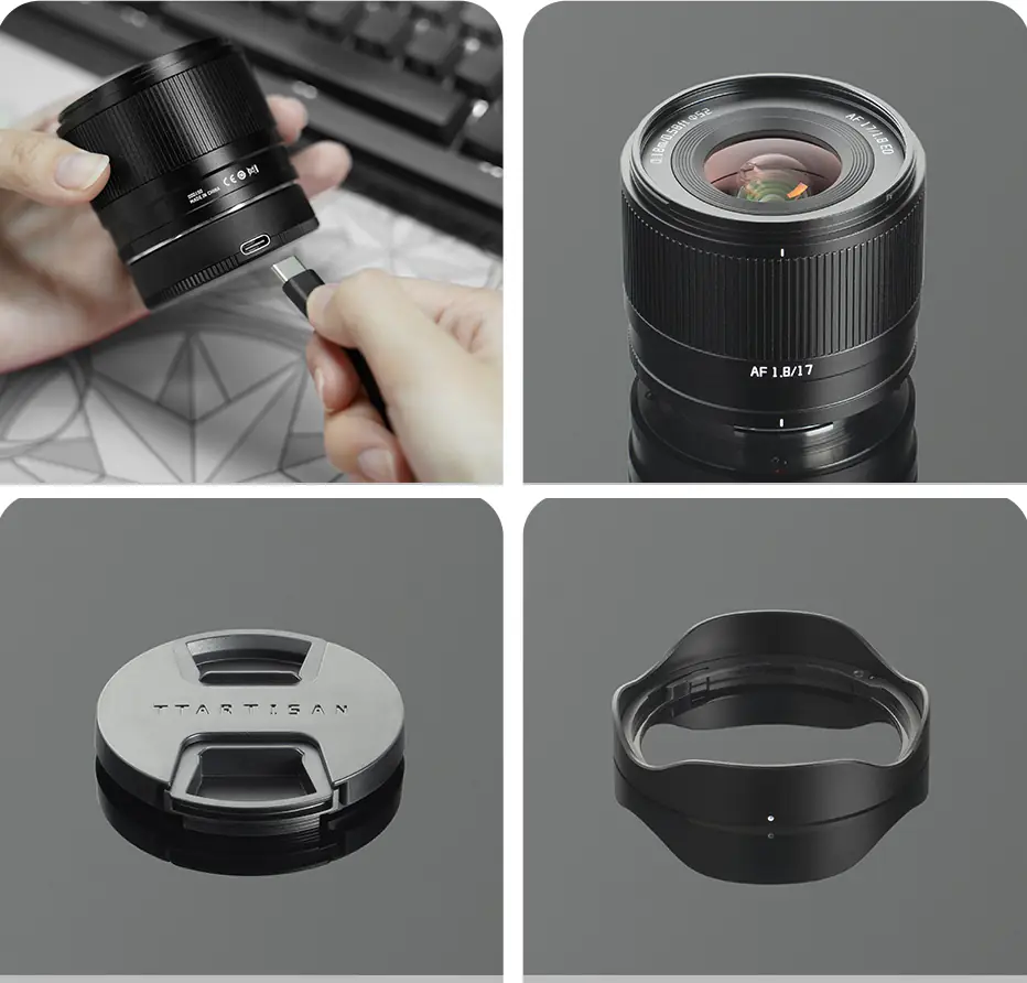 Комплект объектива TTArtisan AF 17 мм F1.8: задняя крышка с USB-C, объектив, передняя крышка и металлическая бленда