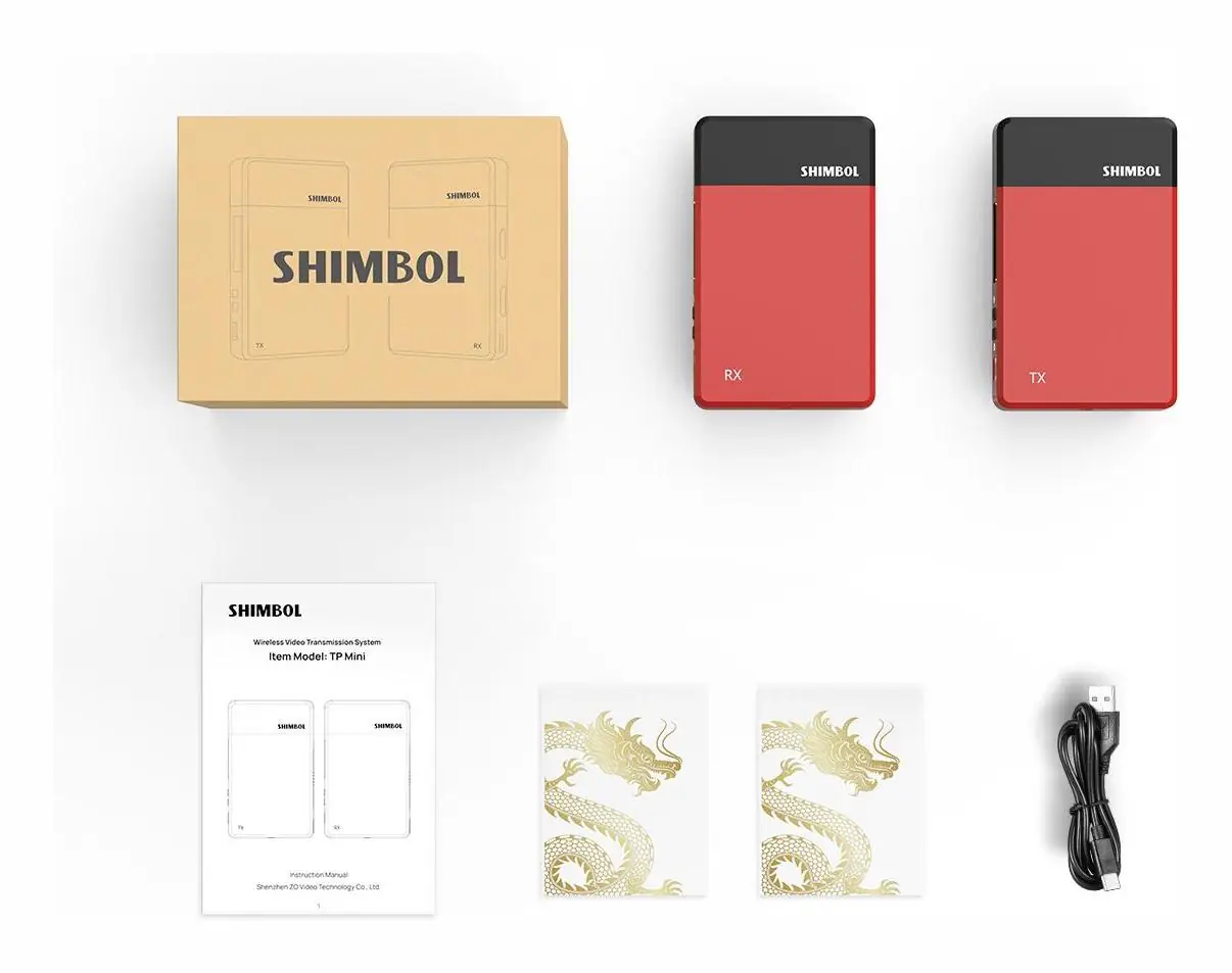 Комплект поставки Shimbol TP Mini: передатчик, приёмник, кабель и наклейки