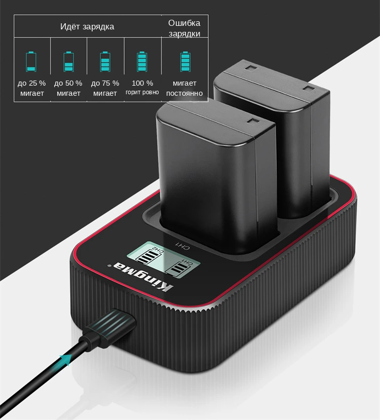 Шкала LCD-индикатора зарядного Kingma BM058-BLX1 по каждому из двух слотов