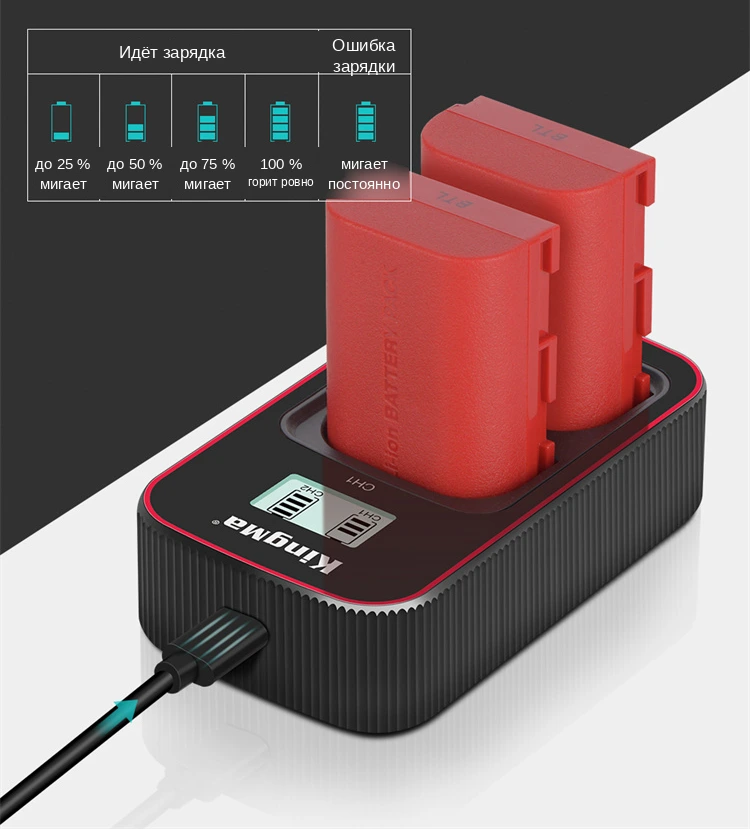 Шкала LCD-индикатора зарядного Kingma BM058-LPE6 по каждому из двух слотов