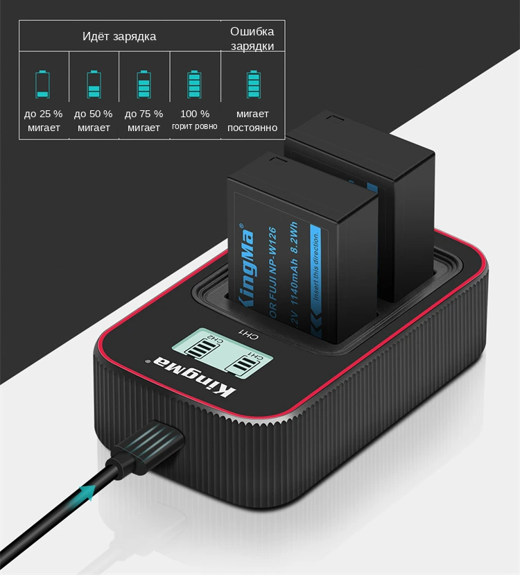 Шкала LCD-индикатора зарядного Kingma BM058-W126 по каждому из двух слотов