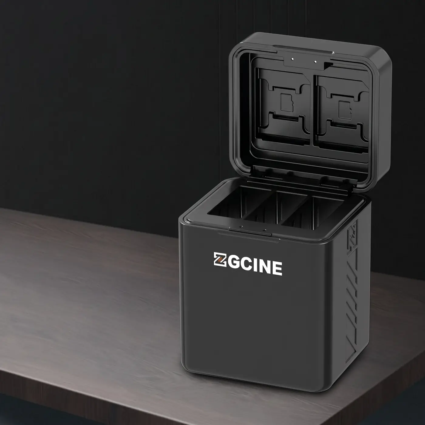 Зарядный кейс ZGCINE PS-GP13 с OLED-дисплеем, показывающим заряд трёх аккумуляторов