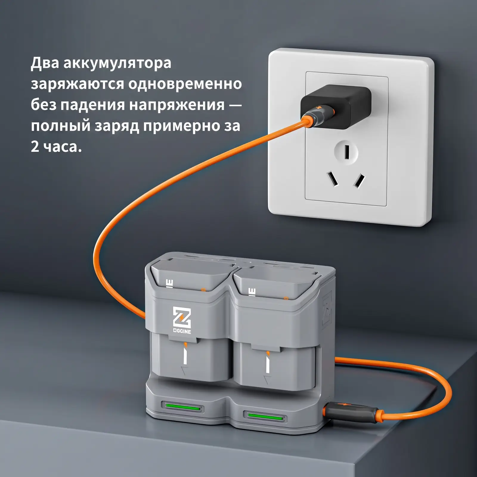 Одновременная зарядка двух аккумуляторов Sony NP-FZ100 в кейсе ZGCINE PC2-FZ100 от розетки