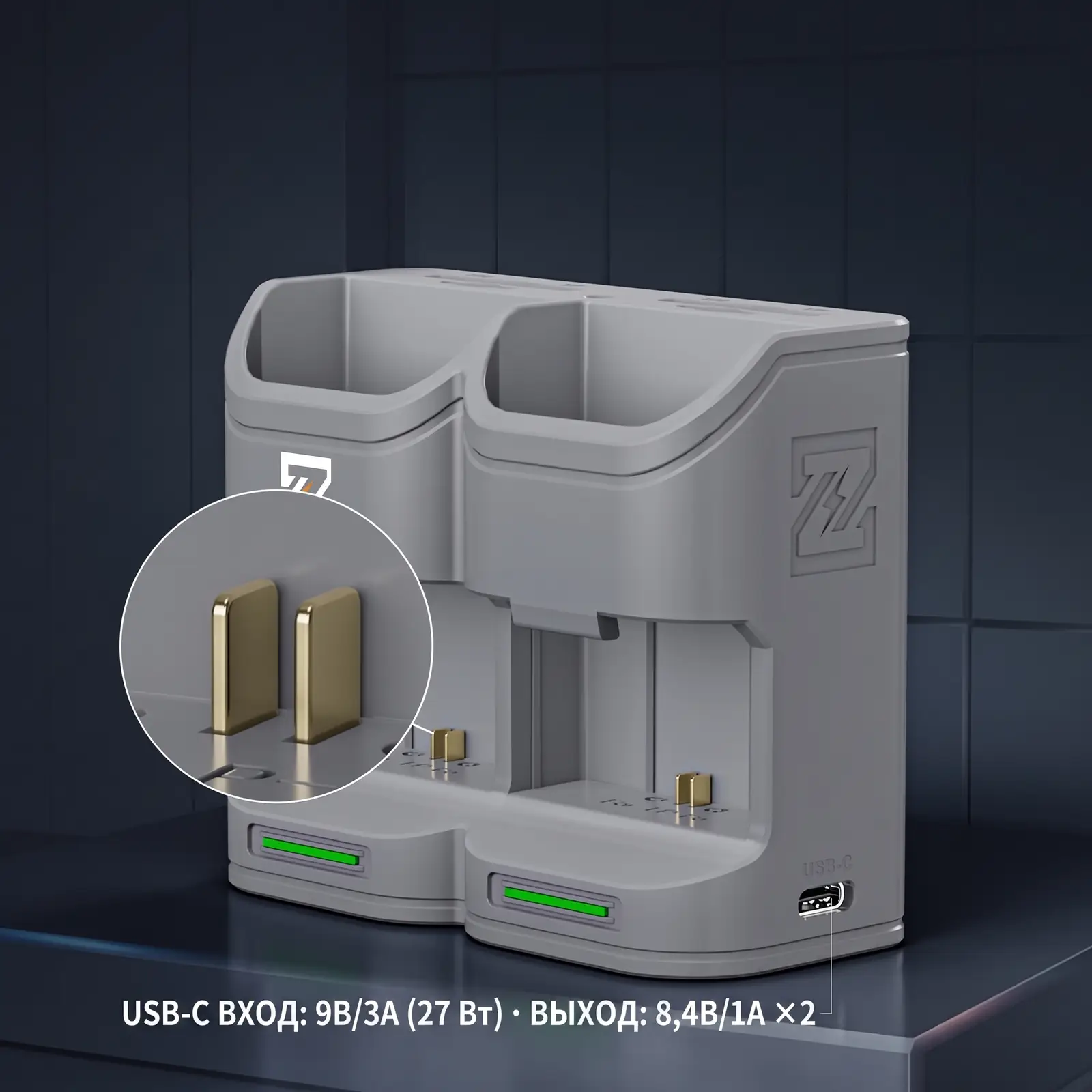 Позолоченные контакты и разъём USB-C зарядного устройства ZGCINE PC2-LPE6: вход 9В 3А, выход 8,4В 1А на два слота