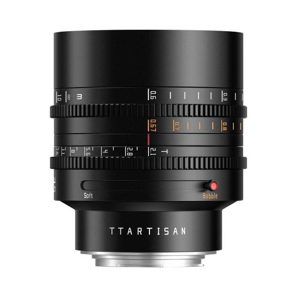 Объектив TTartisan 85 мм T2.1 Full Frame Cine Dual-Bokeh для Canon EOS R — вид сбоку на белом фоне, шкалы фокуса и диафрагмы
