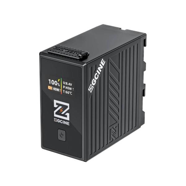 Аккумулятор ZGCINE NPF970 — вид в три четверти с OLED-экраном, белый фон