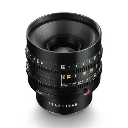 Объектив TTartisan 50 мм T2.1 Full Frame Cine Dual-Bokeh для Sony E — вид сверху под углом, передняя линза и шкалы