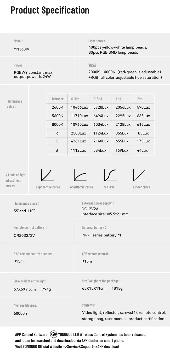 Светодиодный свет Yongnuo YN360 IV 2000-10000К, RGB с шторками