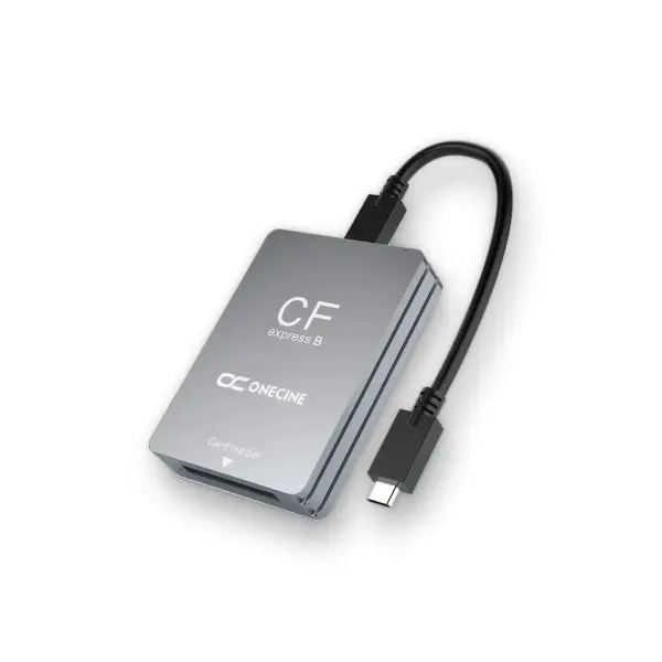 Картридер OneCine CFexpress Type B с подключённым кабелем USB-C – USB-C