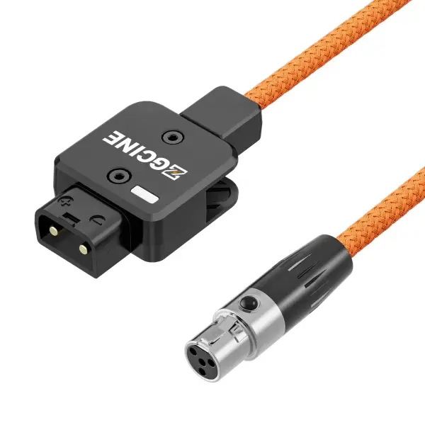 Кабель питания ZGCINE DTAP DT-MX для 4-контактного mini XLR — разъёмы D-Tap и mini XLR крупным планом, белый фон