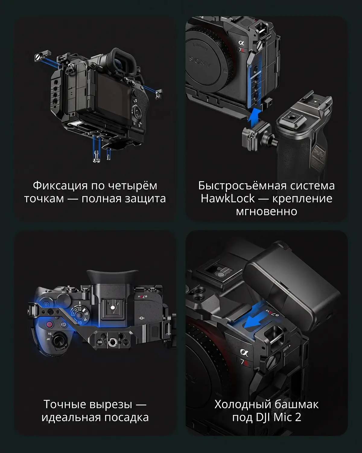 Клетка SmallRig для Sony A7R VI: фиксация по четырём точкам, HawkLock, вырезы, холодный башмак