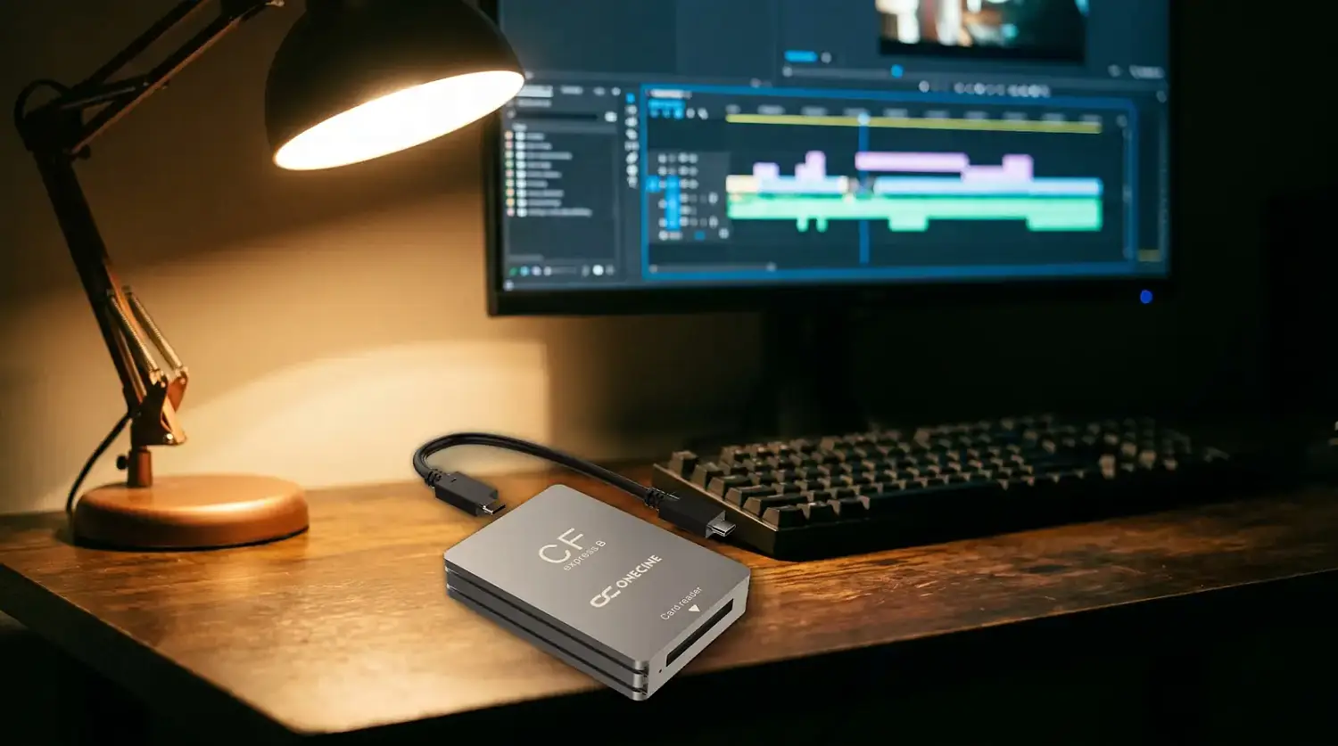 Картридер OneCine CFexpress Type B с кабелем USB-C на монтажном столе под настольной лампой