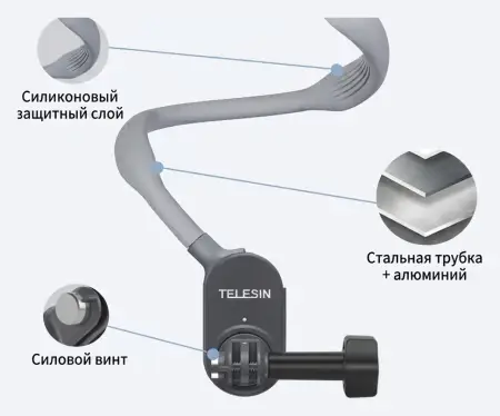 Конструкция гусиной трубки Telesin TE-HNB-002 Max: силикон, сталь и алюминий