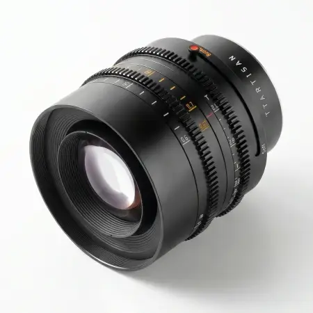 Объектив TTartisan 85 мм T2.1 Full Frame Cine Dual-Bokeh для Canon EOS R — вид спереди в три четверти на белом фоне