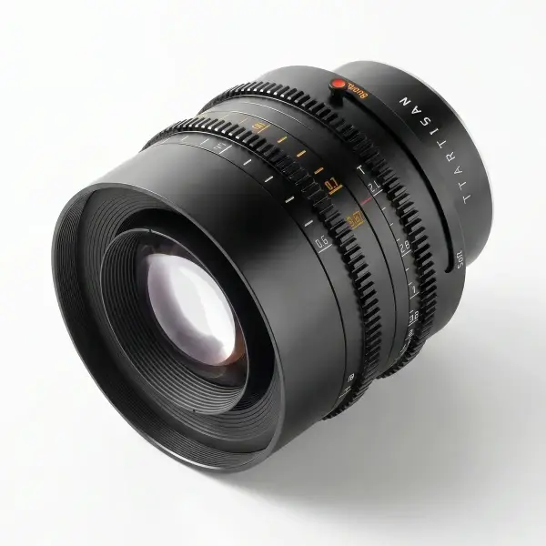 Объектив TTartisan 85 мм T2.1 Full Frame Cine Dual-Bokeh для Canon EOS R — вид спереди в три четверти на белом фоне