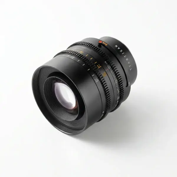Объектив TTartisan 85 мм T2.1 Full Frame Cine Dual-Bokeh для Sony E — вид спереди в три четверти на белом фоне