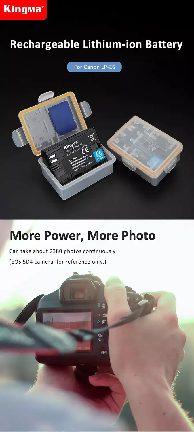 Аккумулятор Kingma LP-E6 для Canon 5D mark II, 5D mark III, 5D mark IV, 5Dsr, 5Ds, 6D, 6D mark ll, 7D, 7D II, 60D, 70D, 80D, 90D, EOS R, R5, R6, R6 mark II, R7