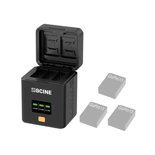 Открытый кейс ZGCINE PS-GP13 и три аккумулятора GoPro Hero13 рядом на белом фоне